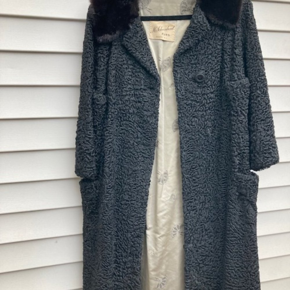 Vintage 1960's full length black Persian lamb coat with black mink collar.